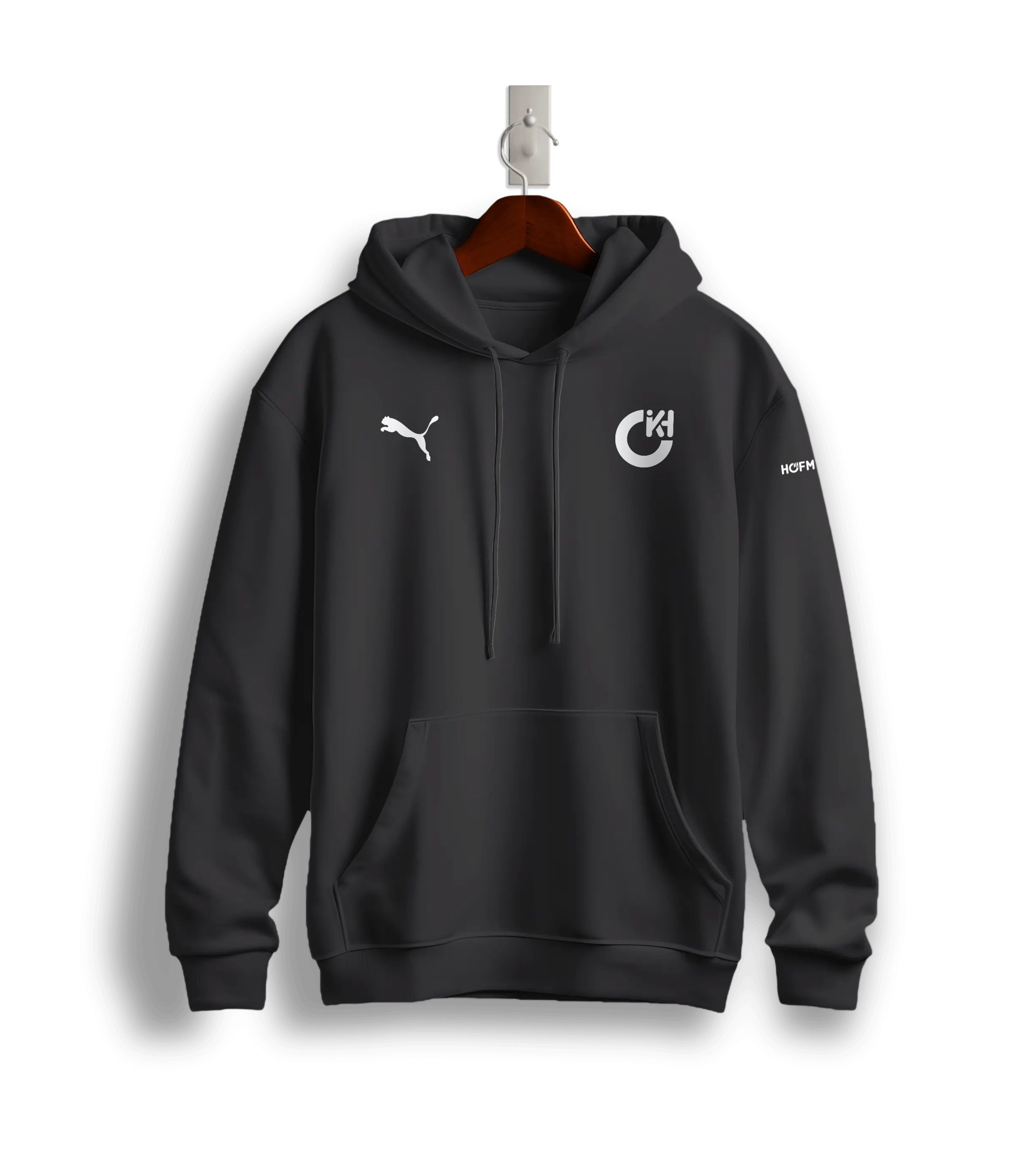 Ein dunkelgrauer Hoodie von Hofmann Personal mit Puma-Logo.