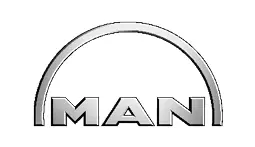 MAN Logo mit silbernem Schriftzug und Halbkreis, Hersteller von Nutzfahrzeugen und Maschinenbau-Lösungen