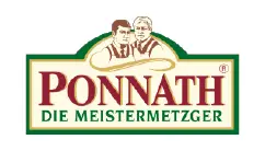 Ponnath Die Meistermetzger Logo mit zwei Metzgern, rotem Schriftzug und grünem Rahmen, Hersteller von Fleisch- und Wurstwaren