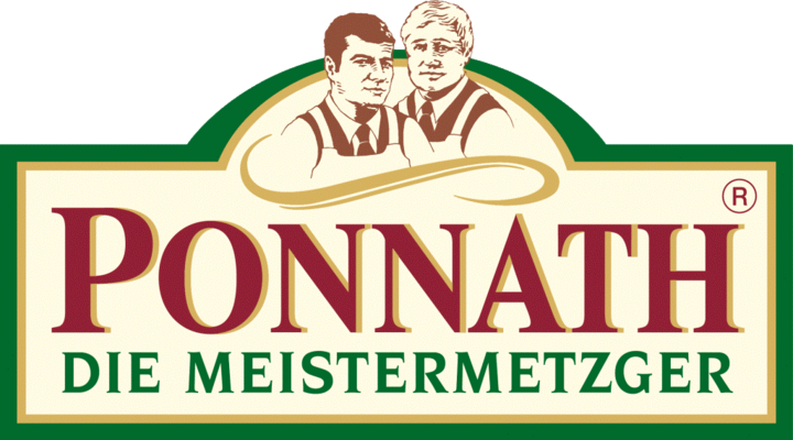 Ponnath Die Meistermetzger Logo mit zwei Metzgern, rotem Schriftzug und grünem Rahmen, Hersteller von Fleisch- und Wurstwaren
