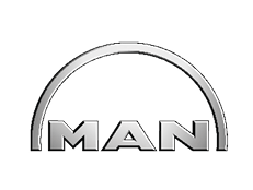 MAN Logo mit silbernem Schriftzug und Halbkreis, Hersteller von Nutzfahrzeugen und Maschinenbau-Lösungen